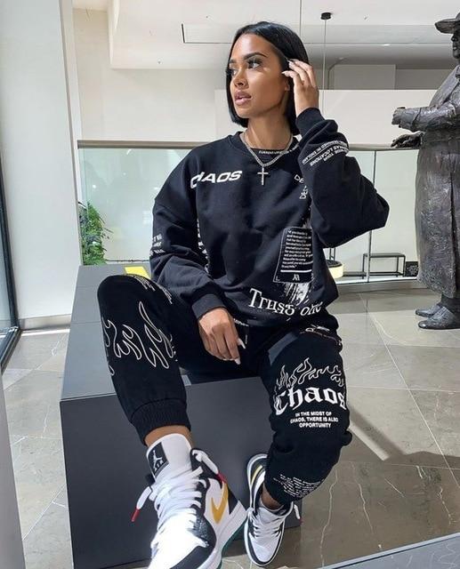 Autumn Letter Print Women's Tracksuit: Matching Set - CHIC TREAD